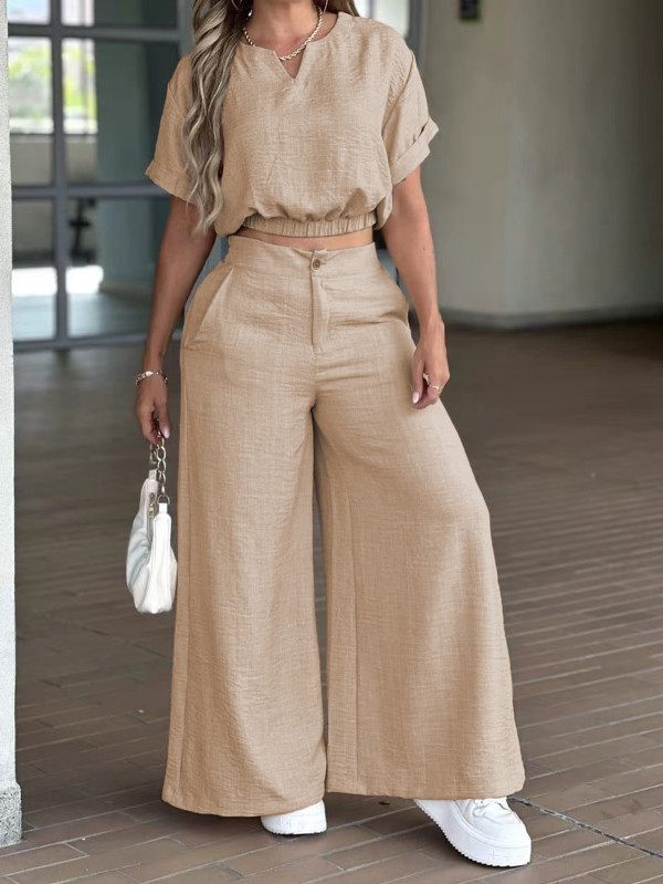 EVE Solid Color O Neck Top Two Piece Pants Set MIL-L319