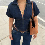 EVE V Neck Zipper Short Sleeve Denim T Shirt GPKJ-MR47617