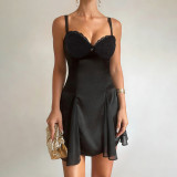 EVE Satin Solid-Color Lace Patchwork Mini Dress GPKJ-MR47997
