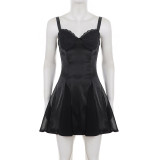 EVE Satin Solid-Color Lace Patchwork Mini Dress GPKJ-MR47997