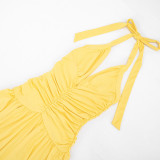 EVE Solid Color Halterneck V Neck Split Maxi Dress GSZM-J26DS080