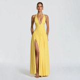 EVE Solid Color Halterneck V Neck Split Maxi Dress GSZM-J26DS080