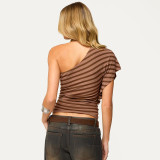 EVE Stripe Print Slash Shoulder T Shirt GSBW-J26TP083