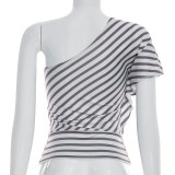EVE Stripe Print Slash Shoulder T Shirt GSBW-J26TP083
