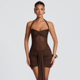 EVE Mesh Halterneck Ruched Mini Dress GSZM-D26DS054