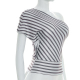 EVE Stripe Print Slash Shoulder T Shirt GSBW-J26TP083