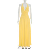 EVE Solid Color Halterneck V Neck Split Maxi Dress GSZM-J26DS080