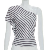 EVE Stripe Print Slash Shoulder T Shirt GSBW-J26TP083