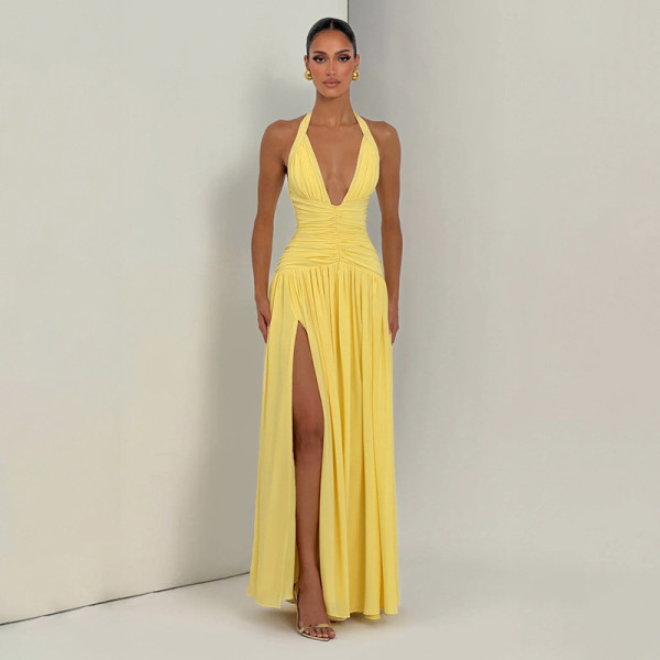 EVE Solid Color Halterneck V Neck Split Maxi Dress GSZM-J26DS080