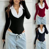 EVE Color Block Lapel Bodysuit GSRX-SRX733