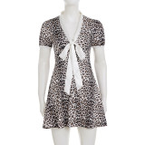 EVE Leopard Print V Neck Tie Up Mini Dress GPKJ-MR47128