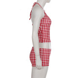 EVE Plaid Print Halterneck Two Piece Shorts Set GPKJ-MR48112