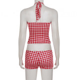 EVE Plaid Print Halterneck Two Piece Shorts Set GPKJ-MR48112