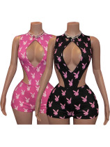 EVE Print Hollow Out Bodysuit Two Piece Shorts Set CH-26107