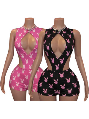 EVE Print Hollow Out Bodysuit Two Piece Shorts Set CH-26107