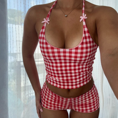 EVE Plaid Print Halterneck Two Piece Shorts Set GPKJ-MR48112
