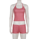 EVE Plaid Print Halterneck Two Piece Shorts Set GPKJ-MR48112