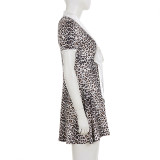 EVE Leopard Print V Neck Tie Up Mini Dress GPKJ-MR47128