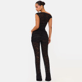 EVE Solid See Through Lace Two Piece Pants Set GDSF-J26ST060