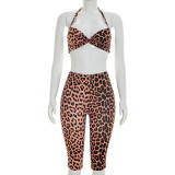 EVE Leopard Print Halterneck Top Fifth Pants Suit GDSF-D26ST059