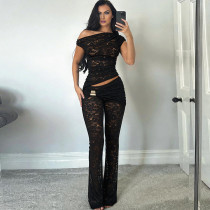 EVE Slash Shoulder Irregular Top Flare Pants Suit XEF-K6S04089A