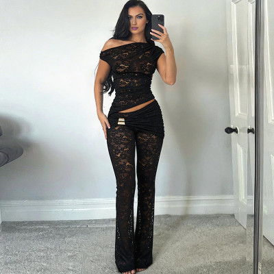 EVE Slash Shoulder Irregular Top Flare Pants Suit XEF-K6S04089A