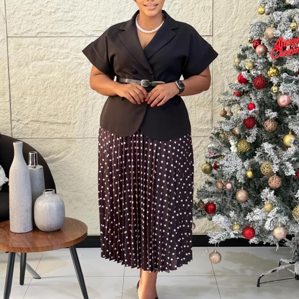 EVE Plus Size Short Sleeve Blazer Polka Dot Print Long Skirt Suit GATE-620