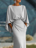 EVE Long Sleeve Solid Color Pleated Maxi Dress GQLK-KG6321