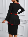EVE Plus Size Long Sleeve Tie Up Ruffles Midi Dress XHSY-19894