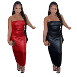 EVE PU Leather Solid Color Tube Top Dress TE-4719
