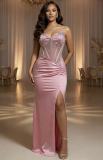 EVE Deep V Neck Sling Ruched Split Maxi Dress GADE-11233