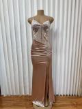 EVE Deep V Neck Sling Ruched Split Maxi Dress GADE-11233