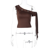 EVE Slash Shoulder Solid Color T Shirt LJSF-T5C20916X