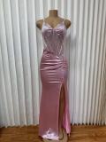 EVE Deep V Neck Sling Ruched Split Maxi Dress GADE-11233