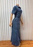 EVE Short Sleeve Tie Up Denim Maxi Dress GADE-6726