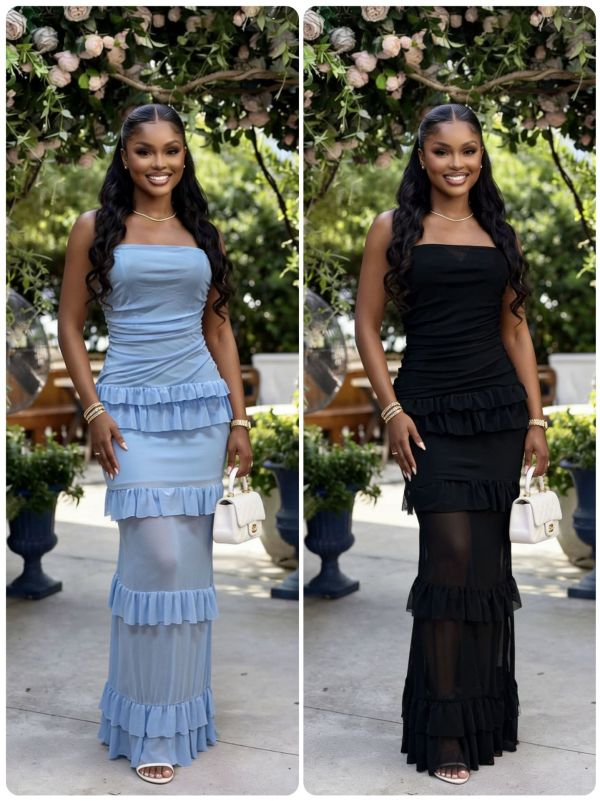EVE Backless Ruffles Solid Color Sling Maxi Dress GADE-11253