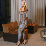 EVE Snake Print One Shoulder Tight Pant Suit GZJQ-K6S00535A