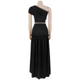 EVE Slash Shoulder Tops Ruhced Two Piece Skirts Set BY-7675