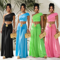 EVE Slash Shoulder Tops Ruhced Two Piece Skirts Set BY-7675