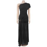 EVE Solid Color Slash Shoulder Split Maxi Dress BY-7662