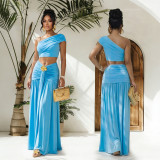 EVE Slash Shoulder Tops Ruhced Two Piece Skirts Set BY-7675