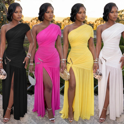 EVE Solid Color Slash Shoulder Split Maxi Dress BY-7662
