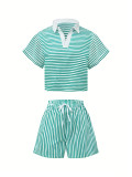 EVE Plus Size Stripe Short Sleeve Two Piece Shorts Set ZDF-33523