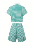 EVE Plus Size Stripe Short Sleeve Two Piece Shorts Set ZDF-33523