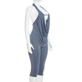 EVE Deep V Neck Backless Tops Two Piece Pants Set MXBF-J26ST018