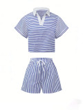 EVE Plus Size Stripe Short Sleeve Two Piece Shorts Set ZDF-33523