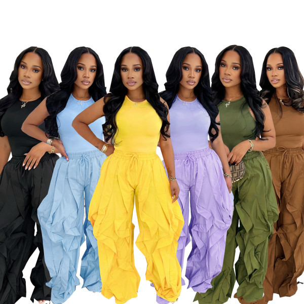 EVE Solid Color Sleeveless Vest Wide Leg Pants 2 Piece Set SFY-838