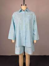 EVE 3/4 Sleeve Lapel Shirt Two Piece Shorts Set GCNE-72740