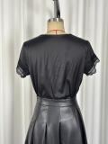 EVE V Neck Tie Up Satin  Lace Patchwork Tops GWDS-260205