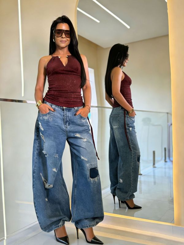 EVE Plus Size Holes Loose Wide Leg Jeans GYLN-4947